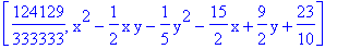[124129/333333, x^2-1/2*x*y-1/5*y^2-15/2*x+9/2*y+23/10]